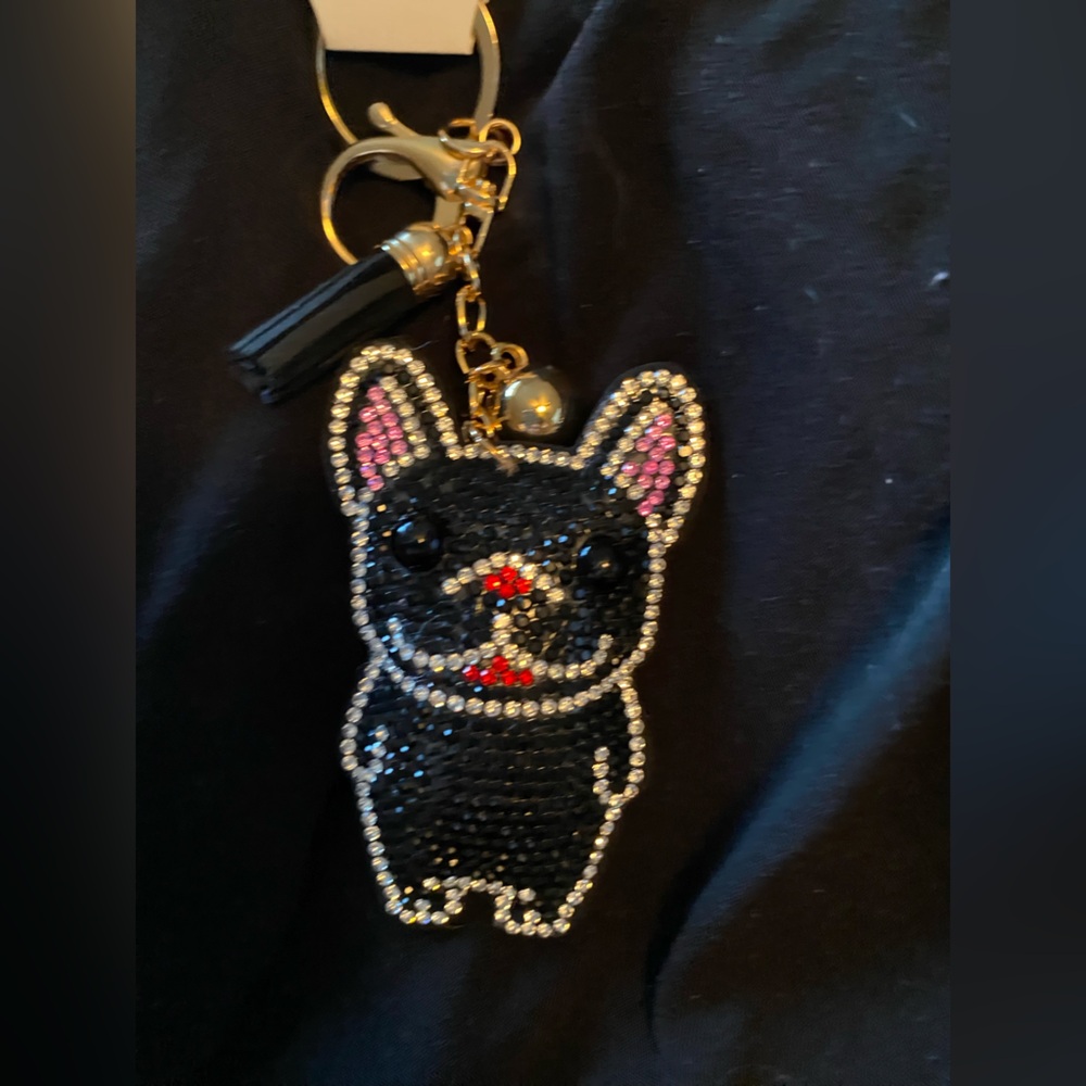 Bling! Rhinestone Black Bulldog Puffy Tassel Keychain Charm - Picture 3 of 3